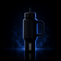 Black 24oz tumbler with handle and straw lid, subtle blue glow edge