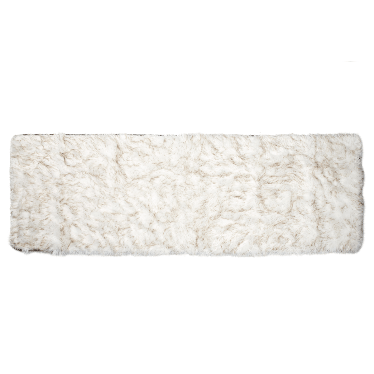 Rectangular white faux fur waterproof bed runner with brown accents, studio view