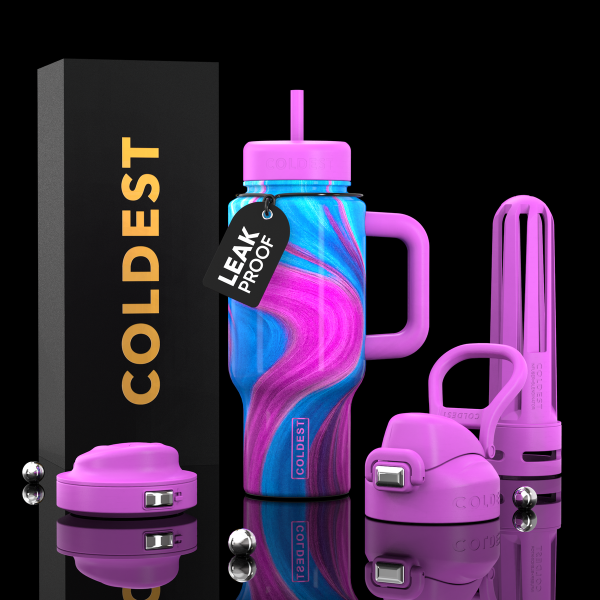 Pink 24oz insulated tumbler with swirl graphic, straw lid, and carry handle.