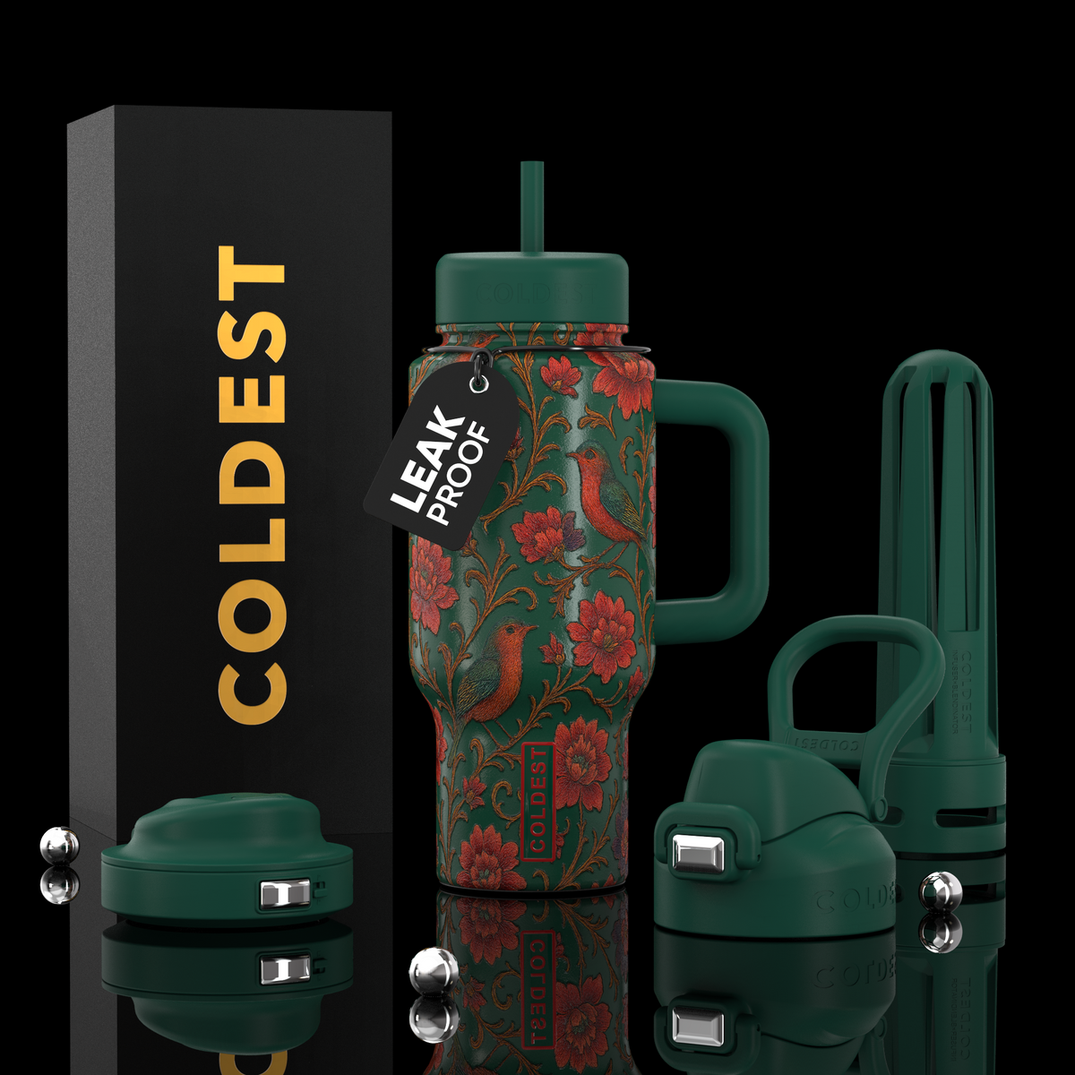 Green 24oz tumbler with straw, bird-and-floral print, and carry handle