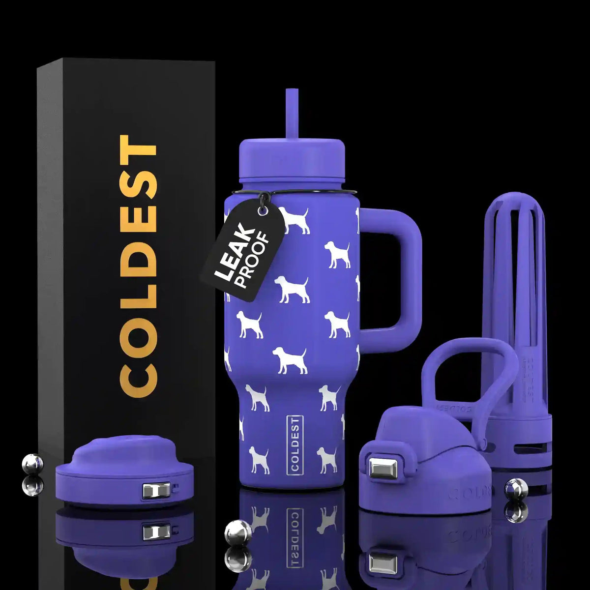 Purple 24oz insulated water bottle with cat pattern, straw lid, and carry handle