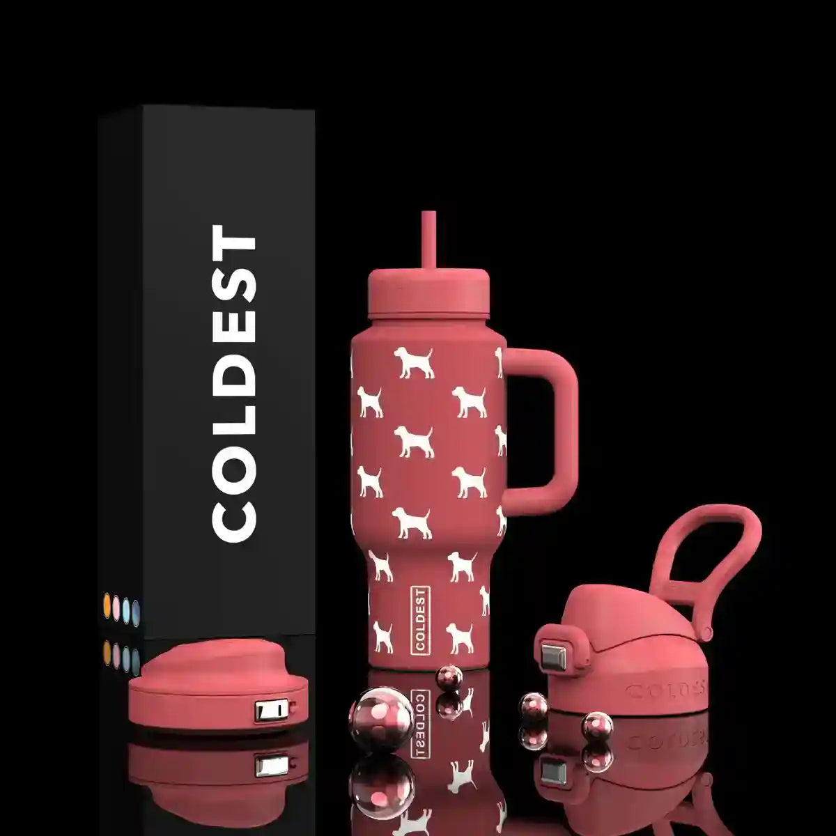Pink dog-print insulated bottle with flip straw lid and carry handle