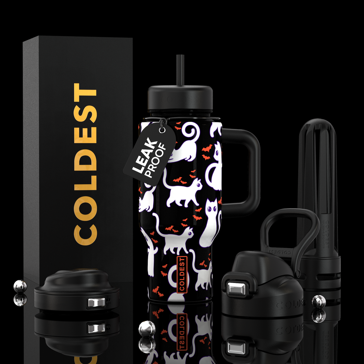 24oz insulated tumbler with straw lid, black with white cat faces and red paw prints, handle sleeve