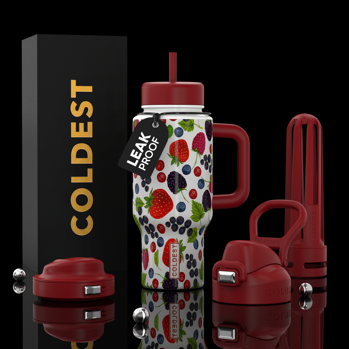 Red and white 24oz tumbler with handle and straw lid, fruit pattern, leak-proof lid kit