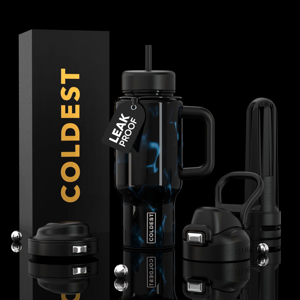 COLDEST 24oz black tumbler with handle, straw lid, and blue-tinted window reflection