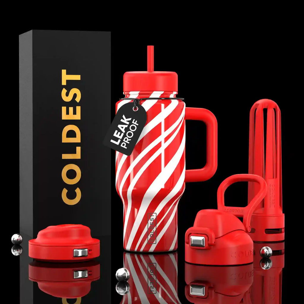 Red-and-white diagonal stripe 24oz insulated water bottle with straw lid and carry handle