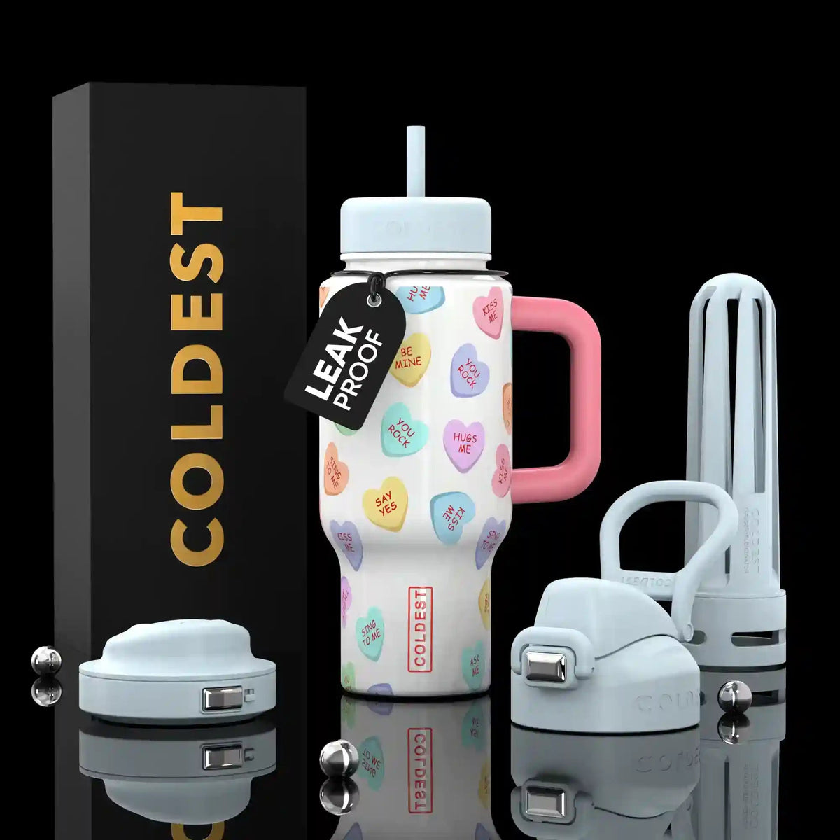 White and pastel sticker print 24oz insulated water bottle with straw lid and carry handle