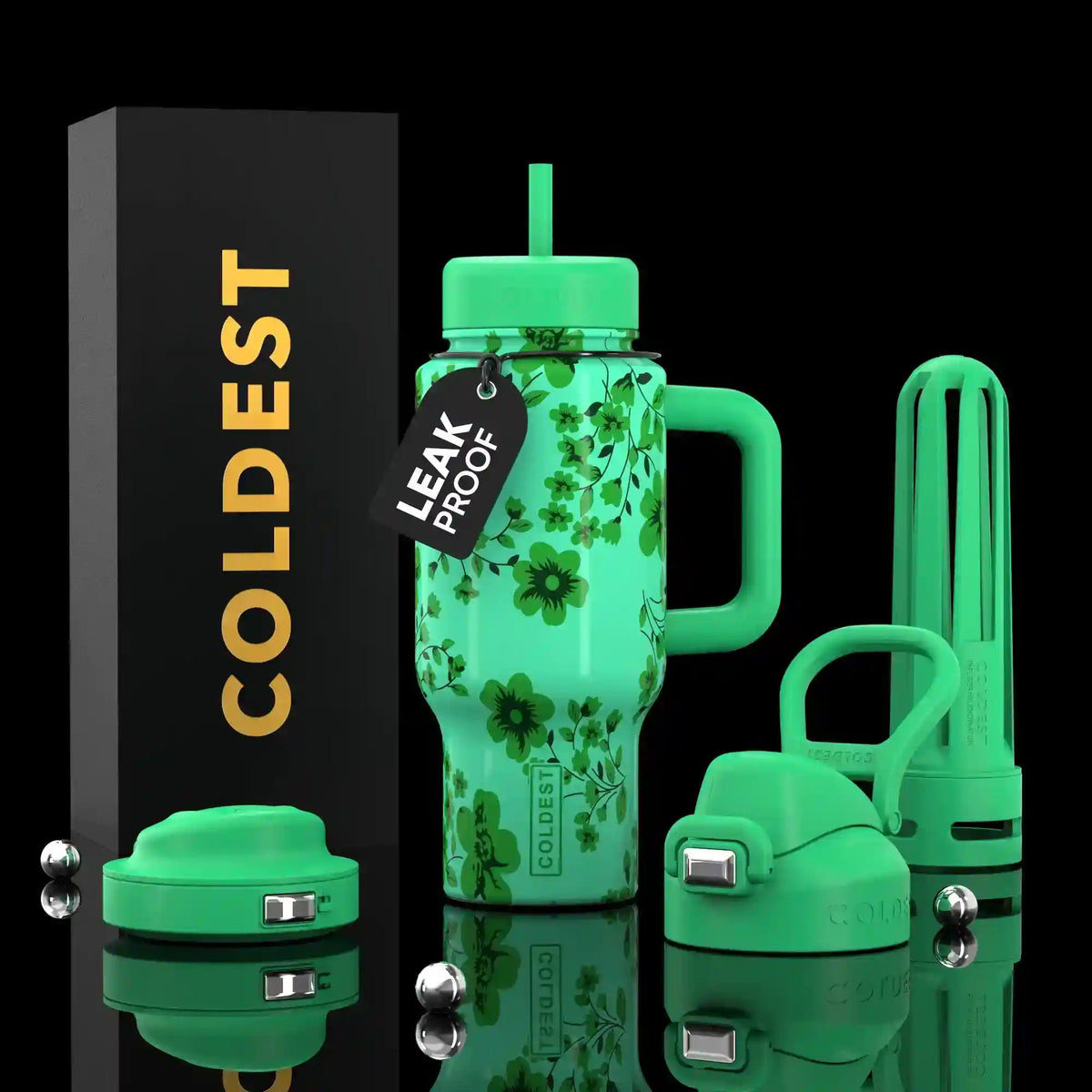 Limitless Ultra v8 bottle with handle, green finish, straw lid, two-part travel cap