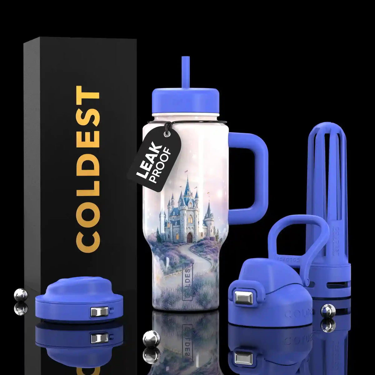 24oz Limitless Ultra v8 tumbler with pastel castle scene, blue handle, and blue straw lid