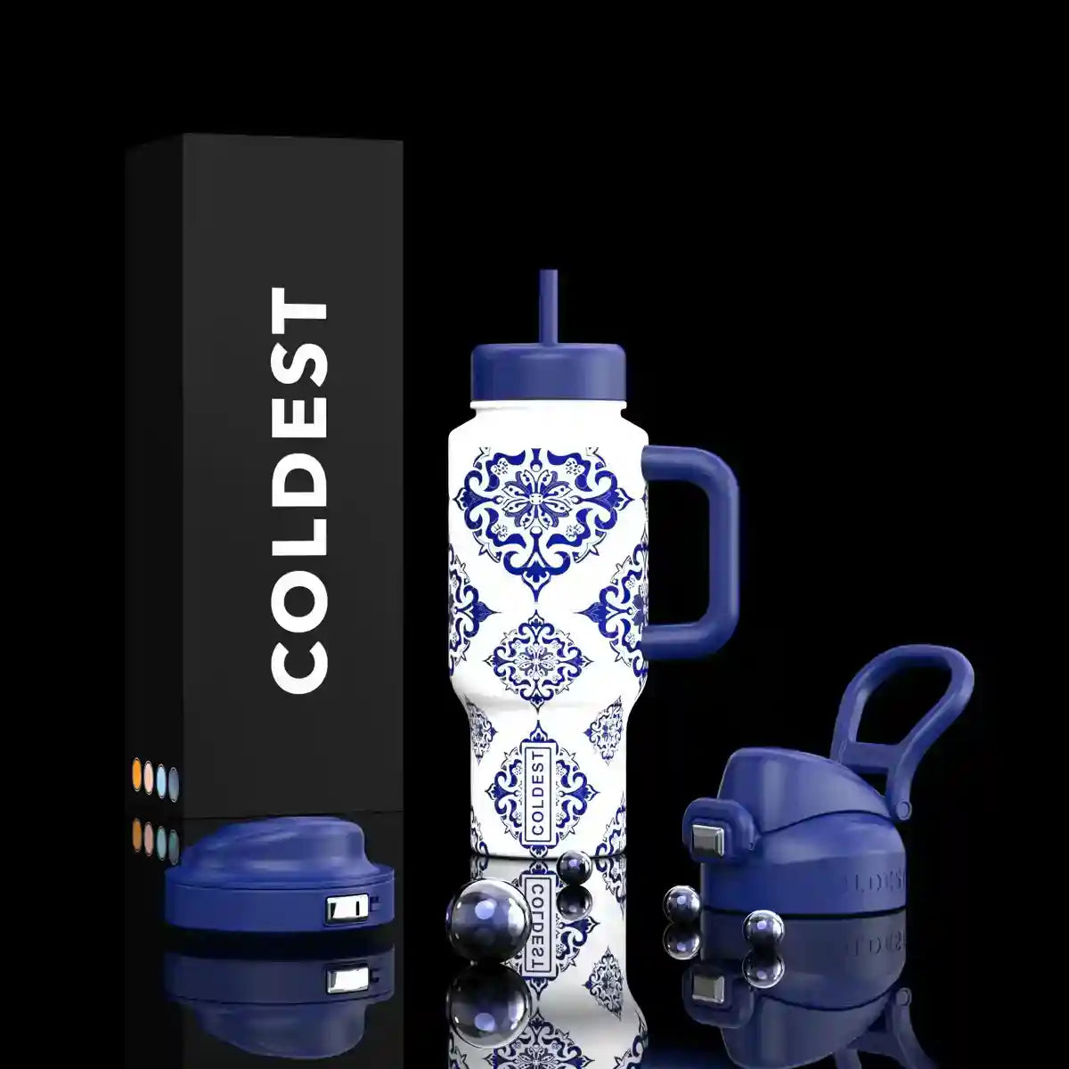White insulated bottle with blue ornamental pattern, flip straw lid and carry handle