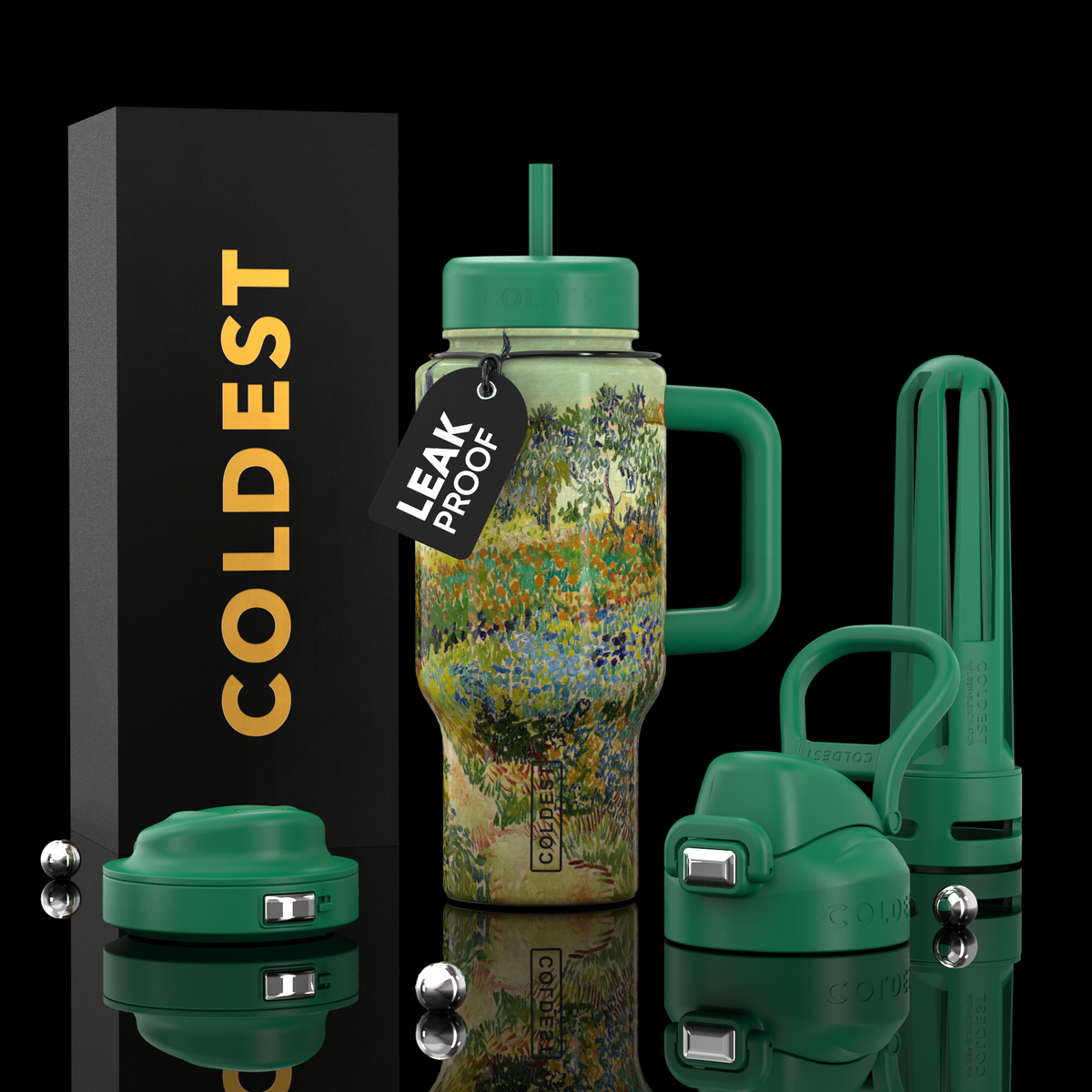 24oz insulated tumbler with straw lid, green with multicolor speckle landscape graphic, handle sleeve
