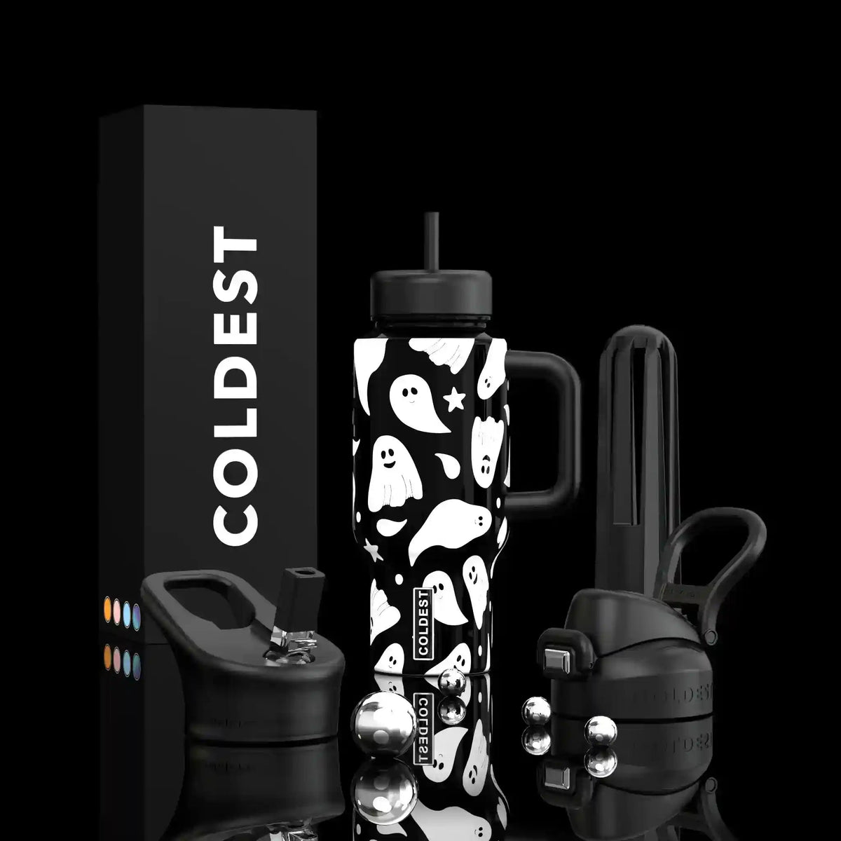 24oz Limitless Ultra v8 tumbler in black with white spooky face pattern and clear handle