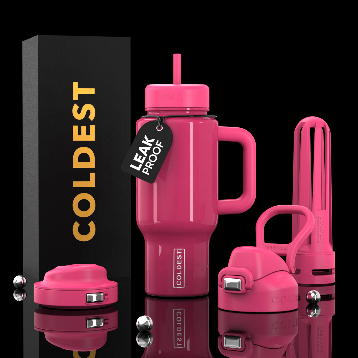 Limitless Ultra v8 bottle with handle, bright pink finish, straw lid, two-part travel cap