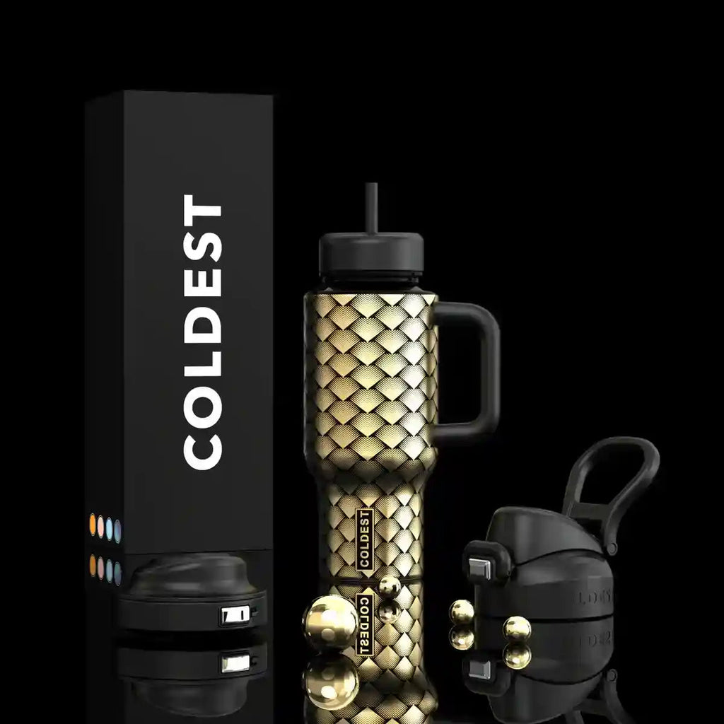 Gold diamond-textured insulated bottle with flip straw lid and carry handle
