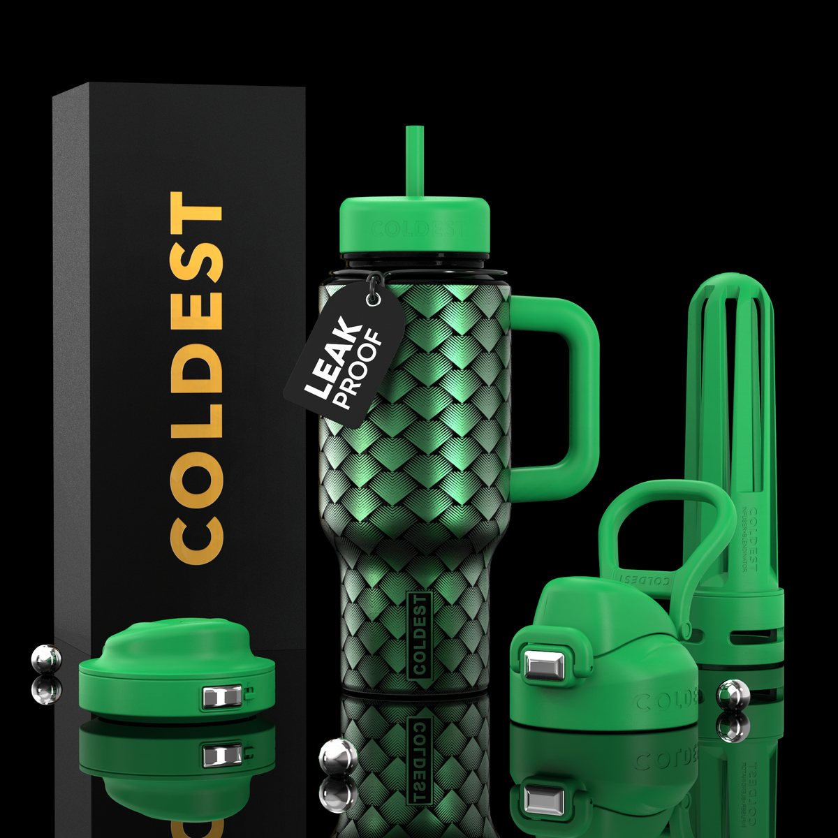 24oz COLDEST tumbler bottle, green scales pattern, straw lid and side handle