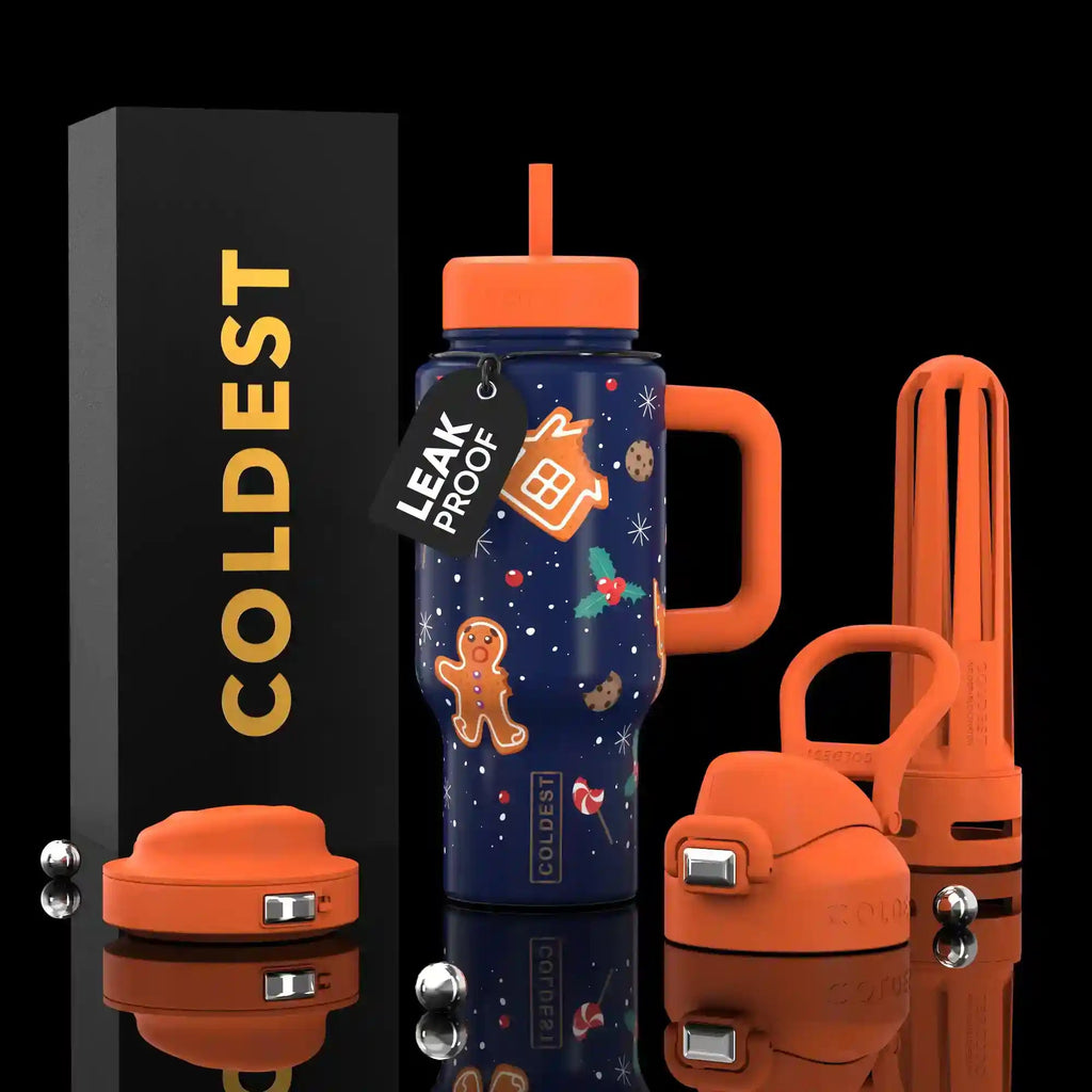 24oz Limitless Ultra v8 tumbler in navy with colorful festive icons, orange lid and straw