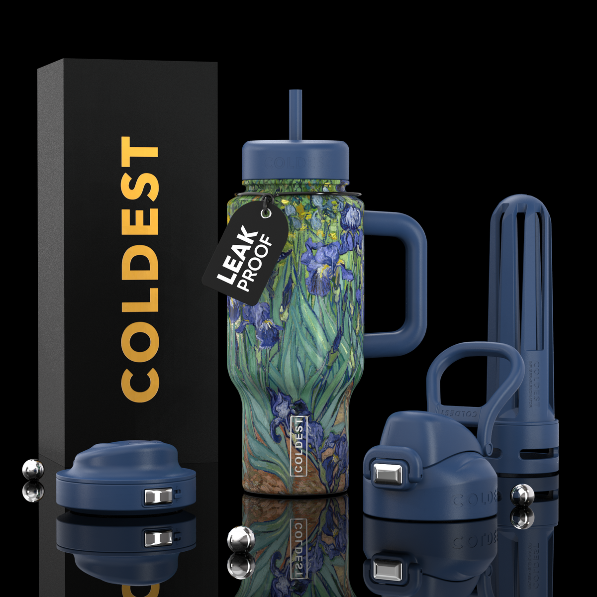 Blue 24oz insulated tumbler with illustrated landscape graphic, straw lid, carry handle.