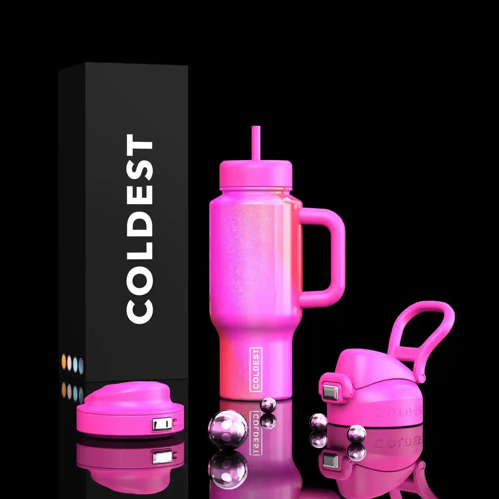 24oz Limitless Ultra v8 tumbler in bright pink with matching straw lid and side handle