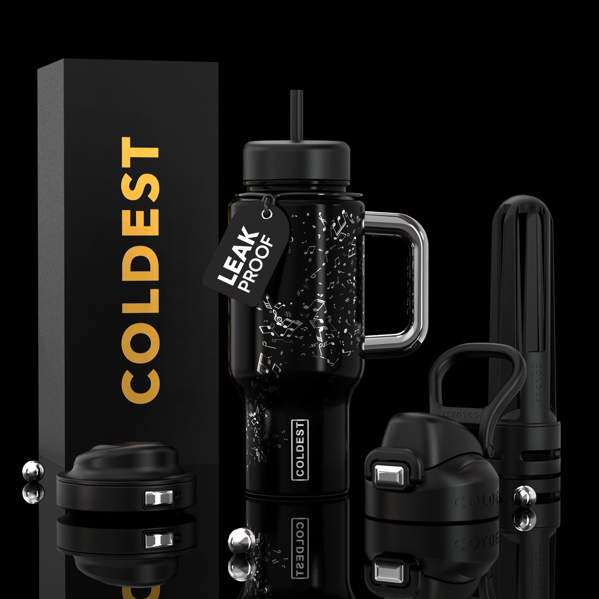 COLDEST 24oz black tumbler with handle, straw lid, and textured speckle graphic