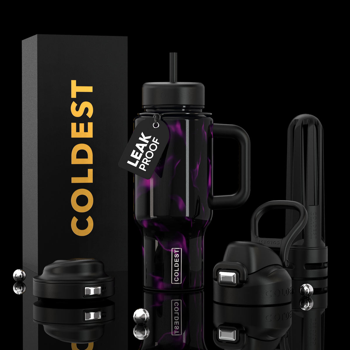 Black 24oz tumbler with handle and straw lid, purple graphic wrap, leak-proof lid kit