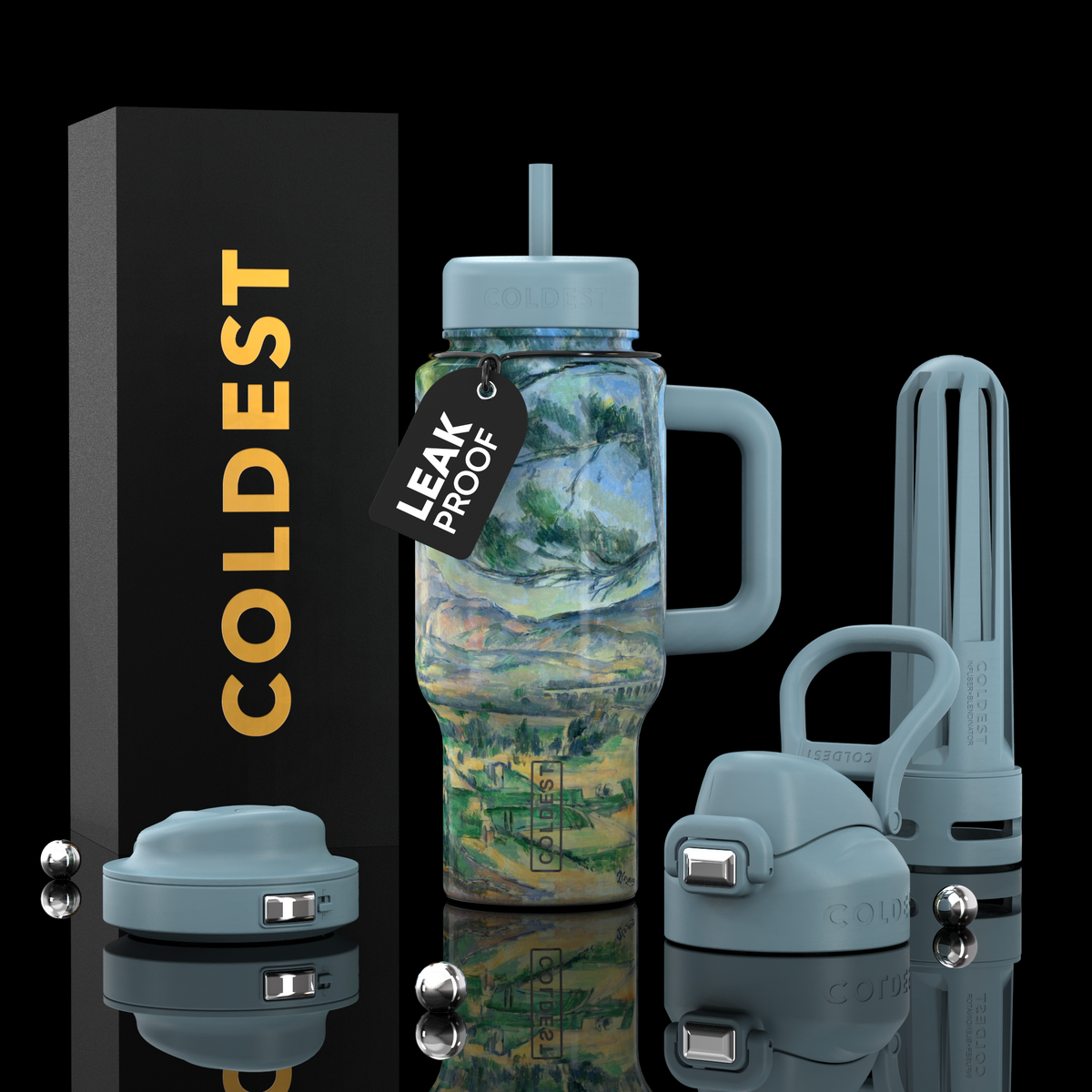 COLDEST 24oz light blue tumbler with handle, straw lid, and landscape print