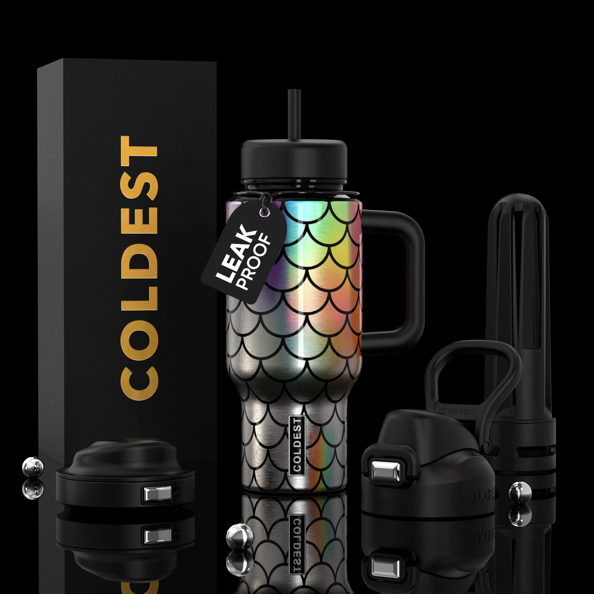 24oz COLDEST tumbler bottle, black with colorful scale pattern, straw lid and handle