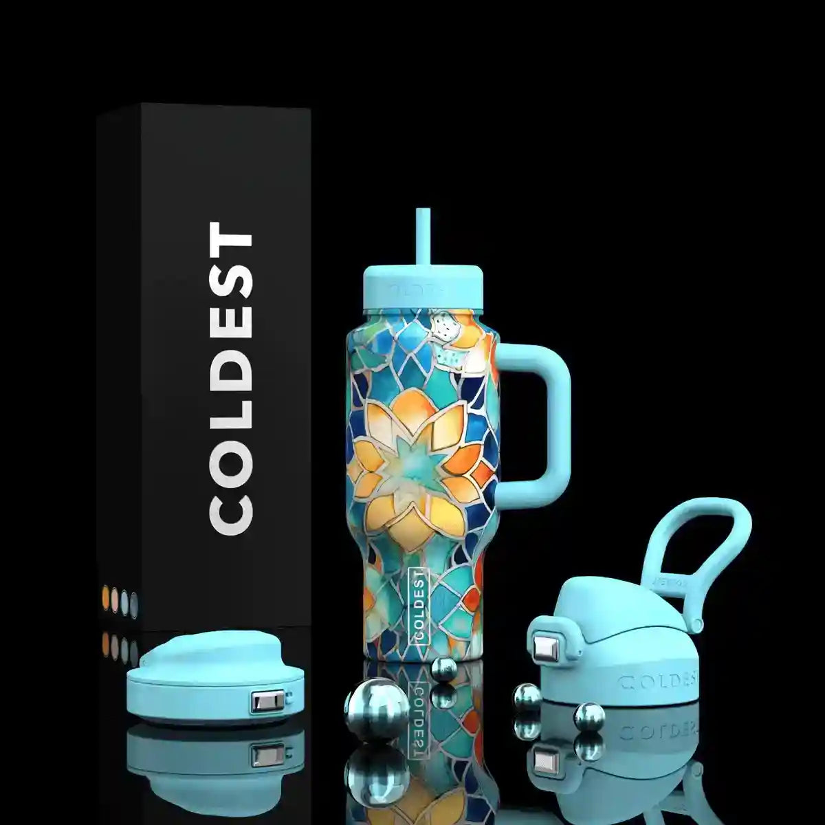 Colorful blue mosaic insulated bottle with flip straw lid and carry handle