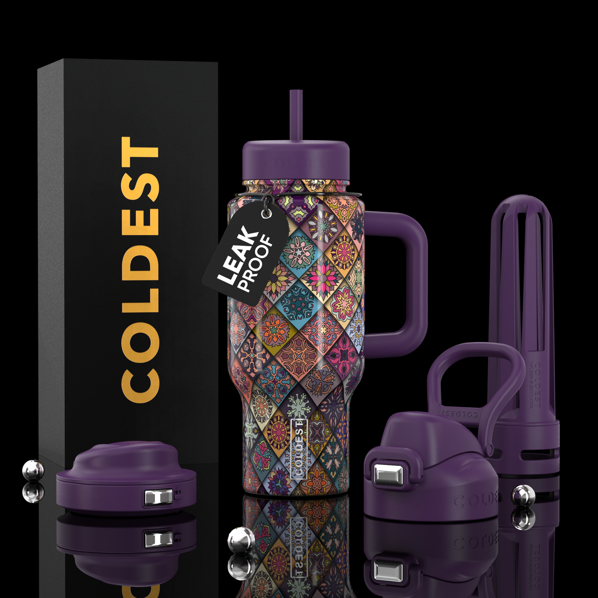 24oz COLDEST tumbler bottle, colorful mosaic pattern, purple straw lid and handle
