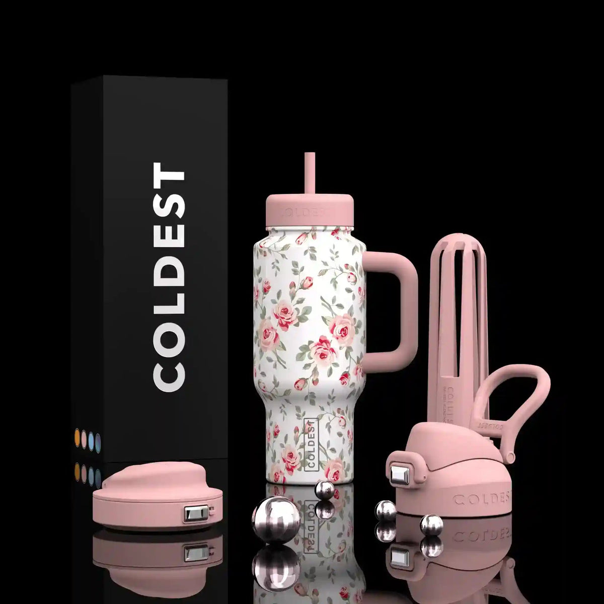 24oz pink tumbler with handle and straw, floral rose pattern