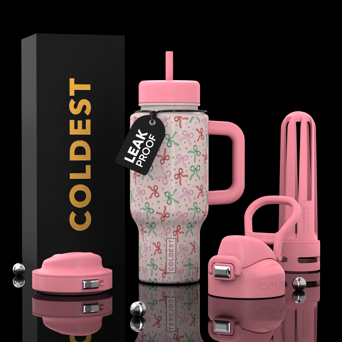 24oz insulated tumbler with pink lid, pink outline critter pattern, and carry handle
