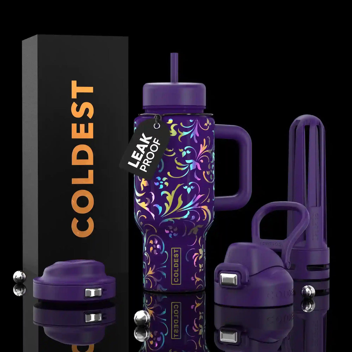 24oz Limitless Ultra v8 tumbler in purple with ornate floral pattern and purple straw lid
