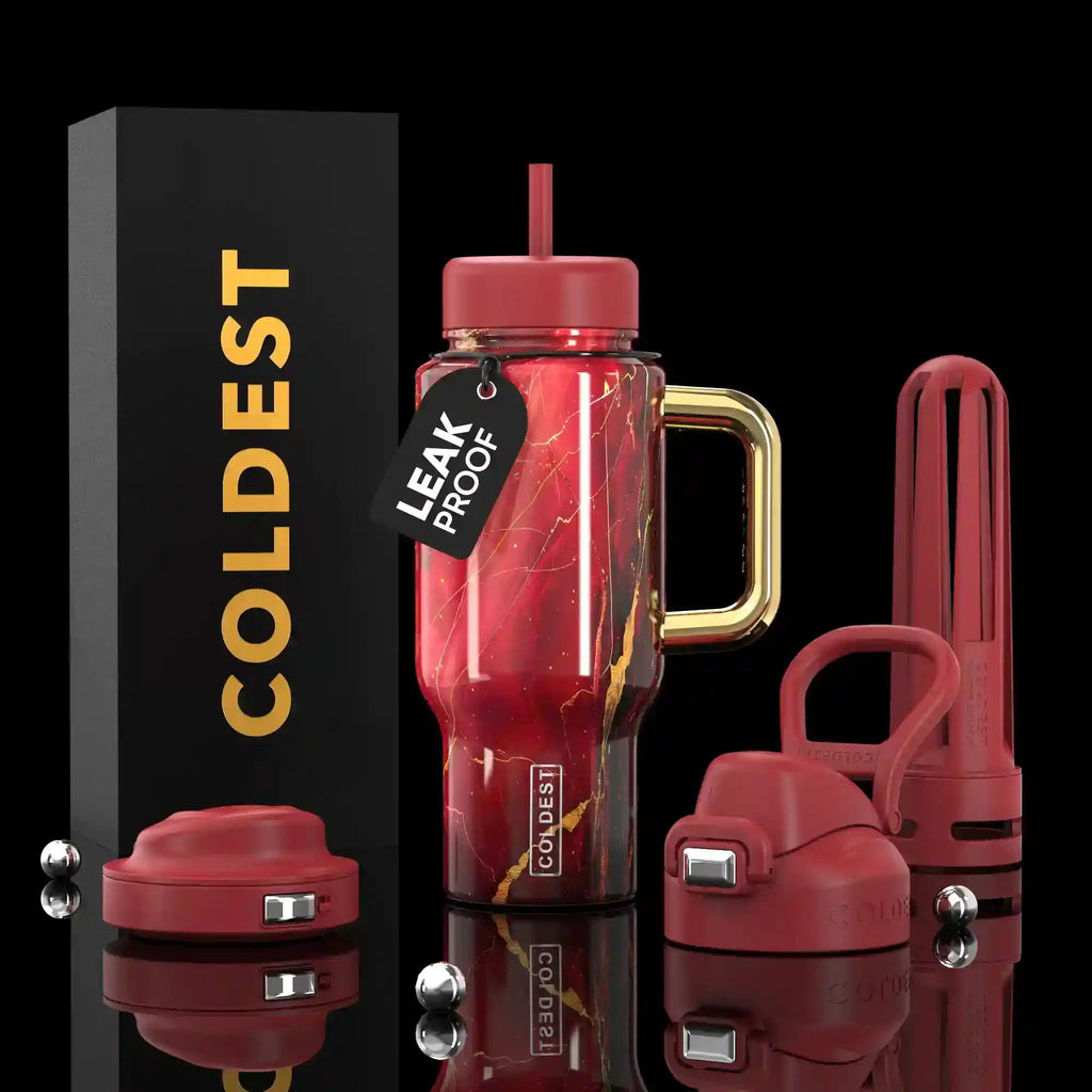 Limitless Ultra v8 bottle with handle, red/pink finish, straw lid, two-part travel cap