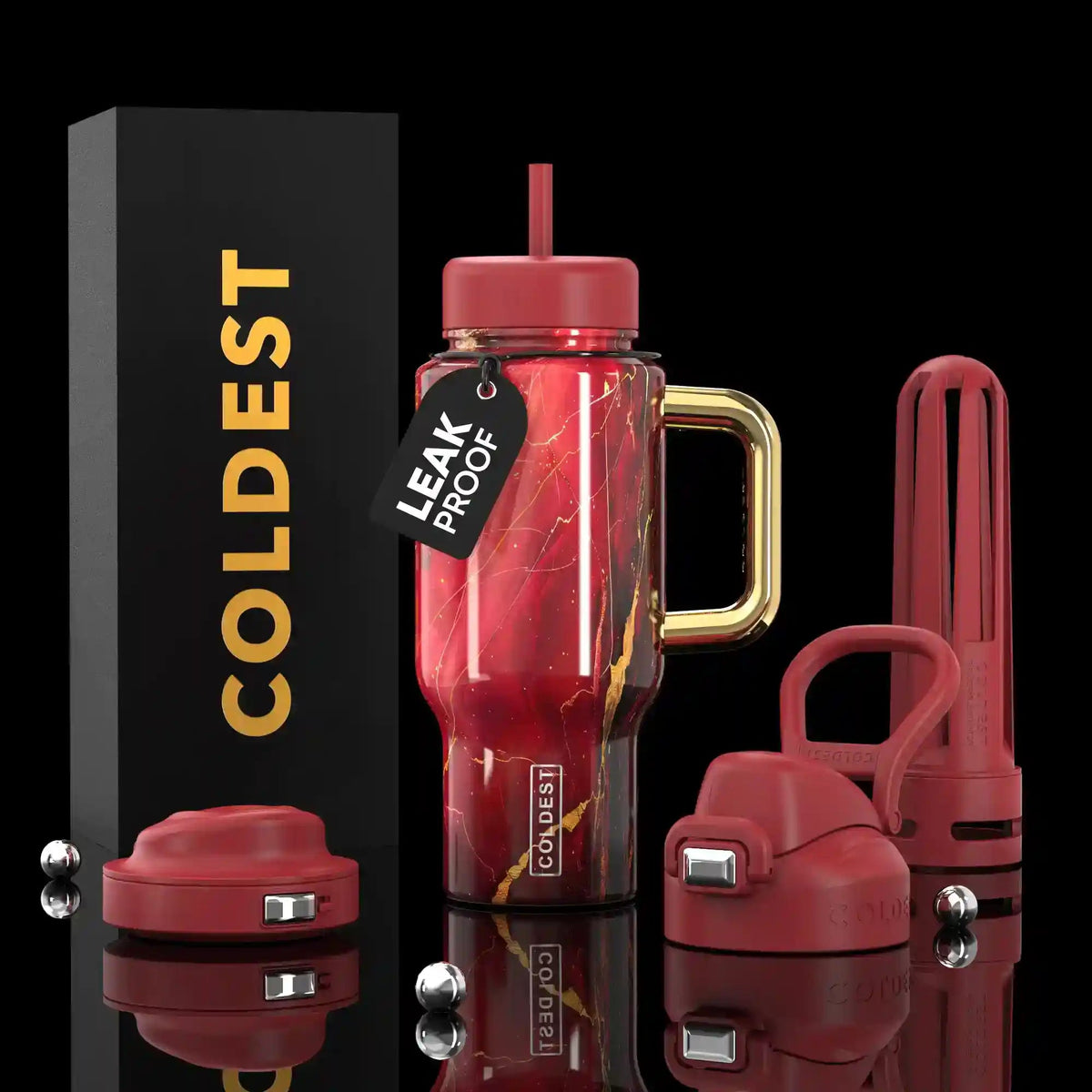 Limitless Ultra v8 bottle with handle, red/pink finish, straw lid, two-part travel cap