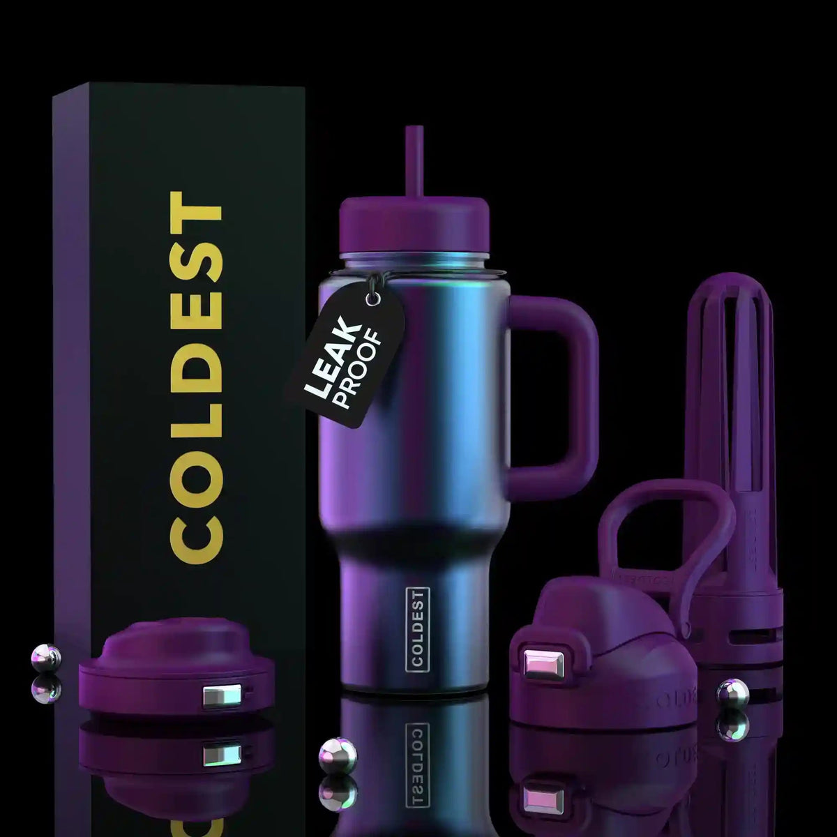 Metallic purple 24oz insulated water bottle with straw lid and carry handle