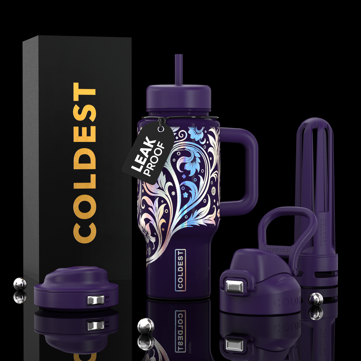 24oz insulated tumbler with dark purple lid, floral swirl pattern, and carry handle