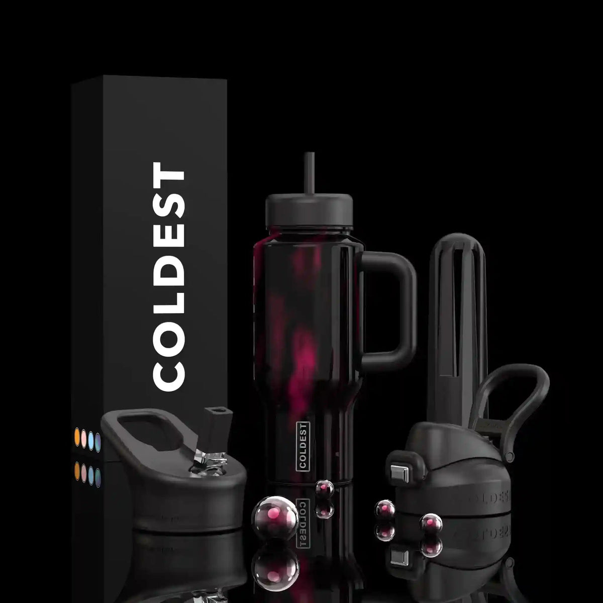 Dark red gradient insulated bottle with flip straw lid and carry handle