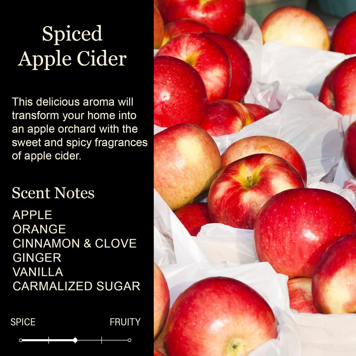 Spiced apple cider candle scent notes graphic with apples and fragrance list