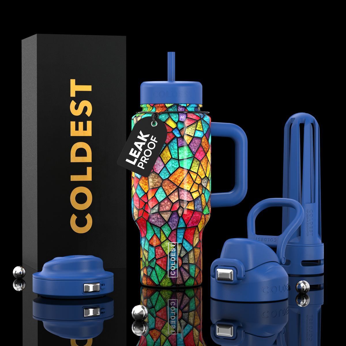 24oz insulated tumbler with blue lid, colorful stained-glass mosaic print, and carry handle
