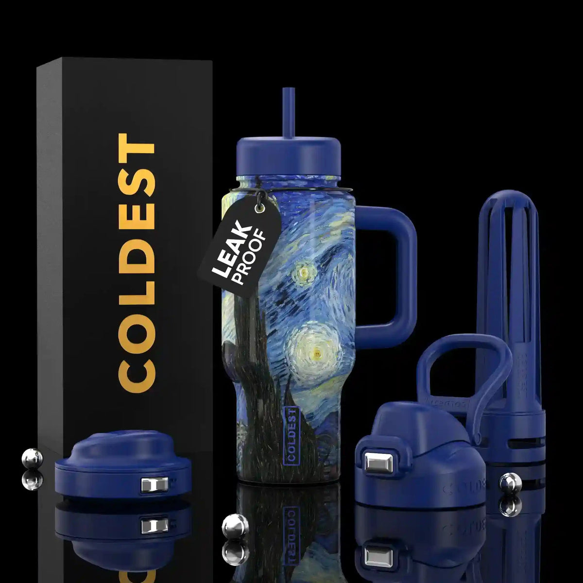 Limitless Ultra v8 bottle with handle, blue finish, straw lid, two-part travel cap