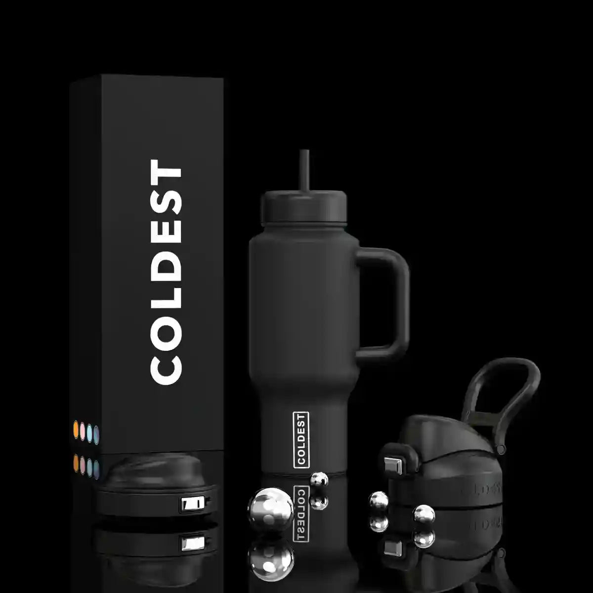 Matte black insulated bottle with flip straw lid and carry handle