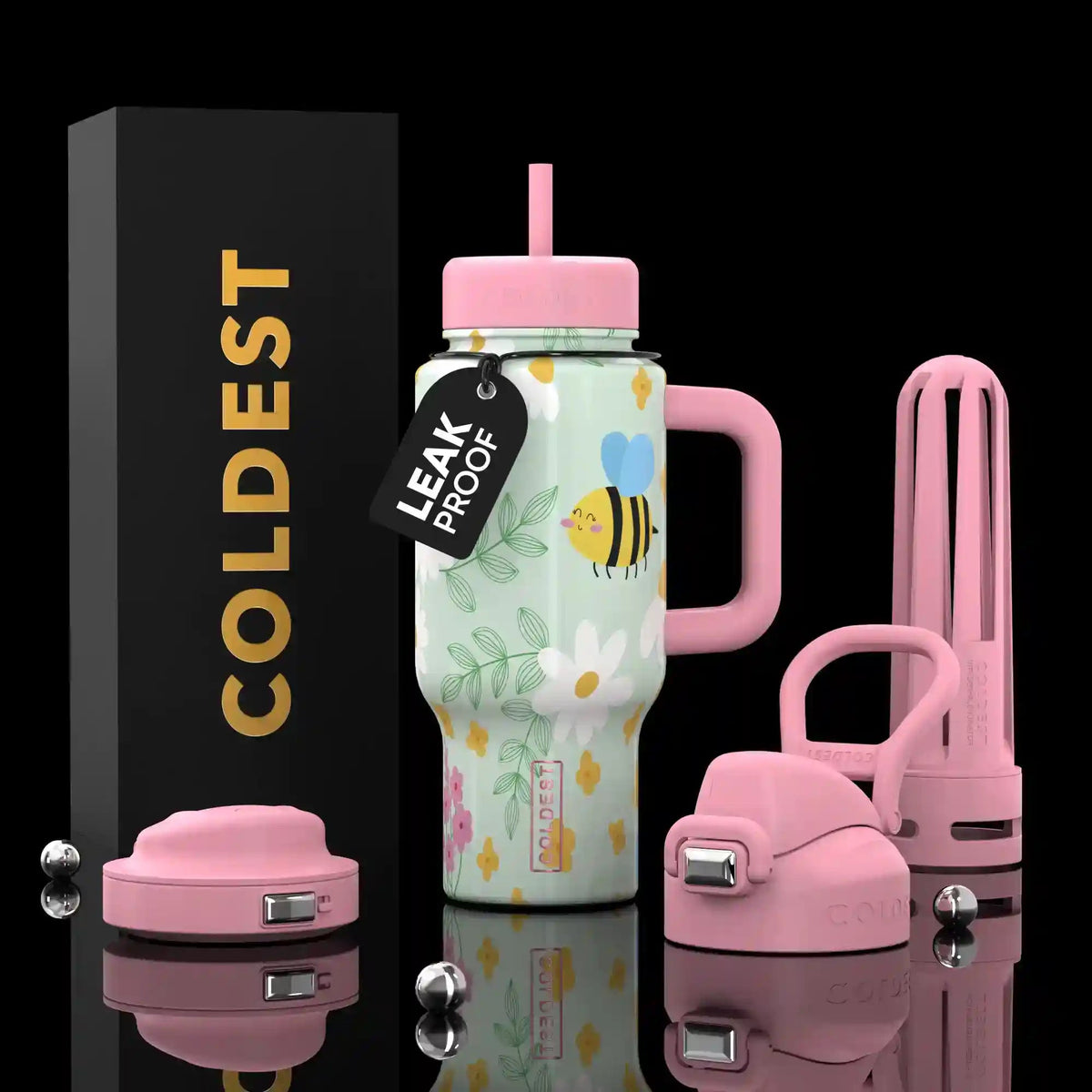 Limitless Ultra v8 bottle with handle, white with cute animal print, straw lid, two-part travel cap