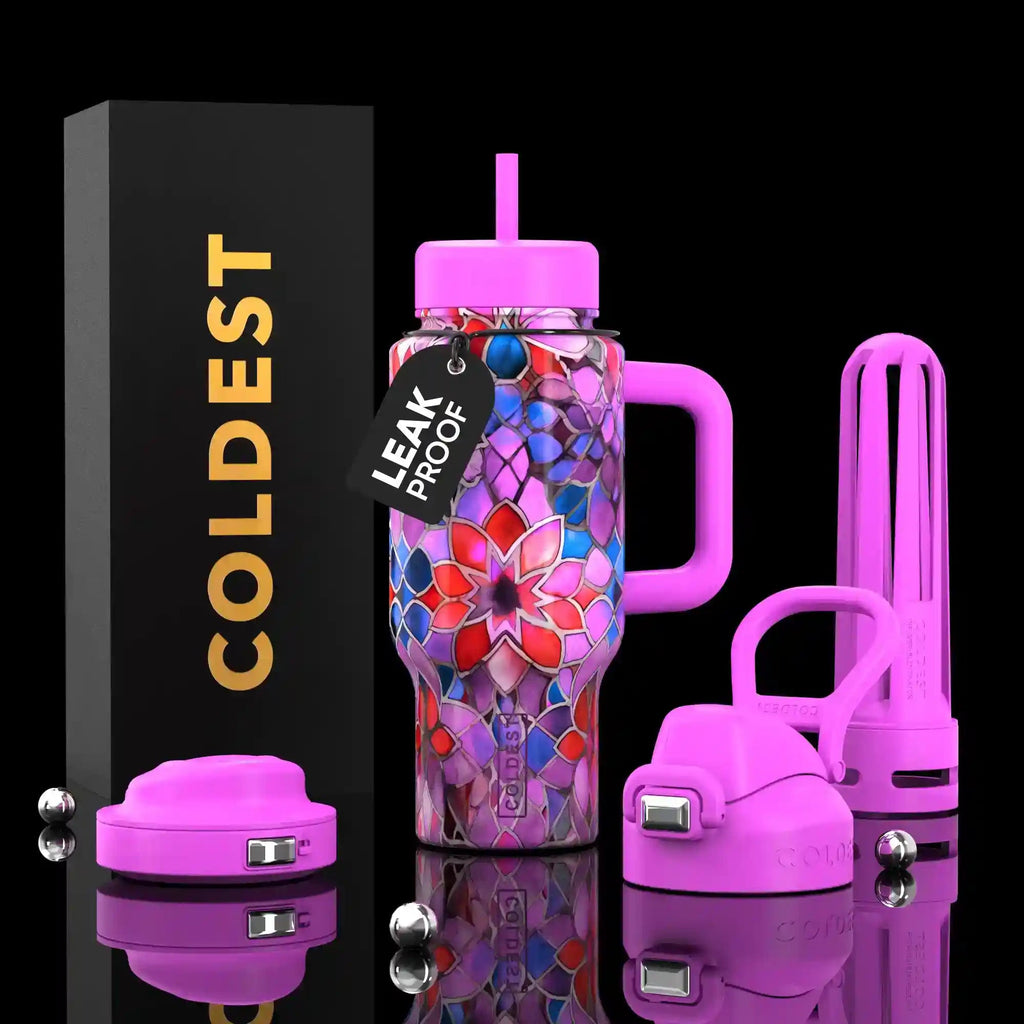 Limitless Ultra v8 bottle with handle, purple floral pattern, straw lid, two-part travel cap