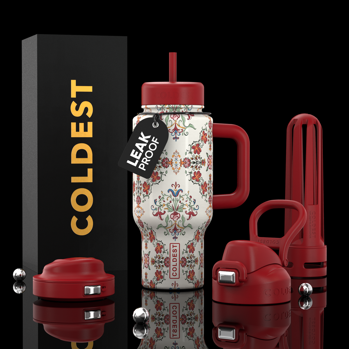 24oz insulated tumbler with red lid, floral pattern sleeve, and carry handle