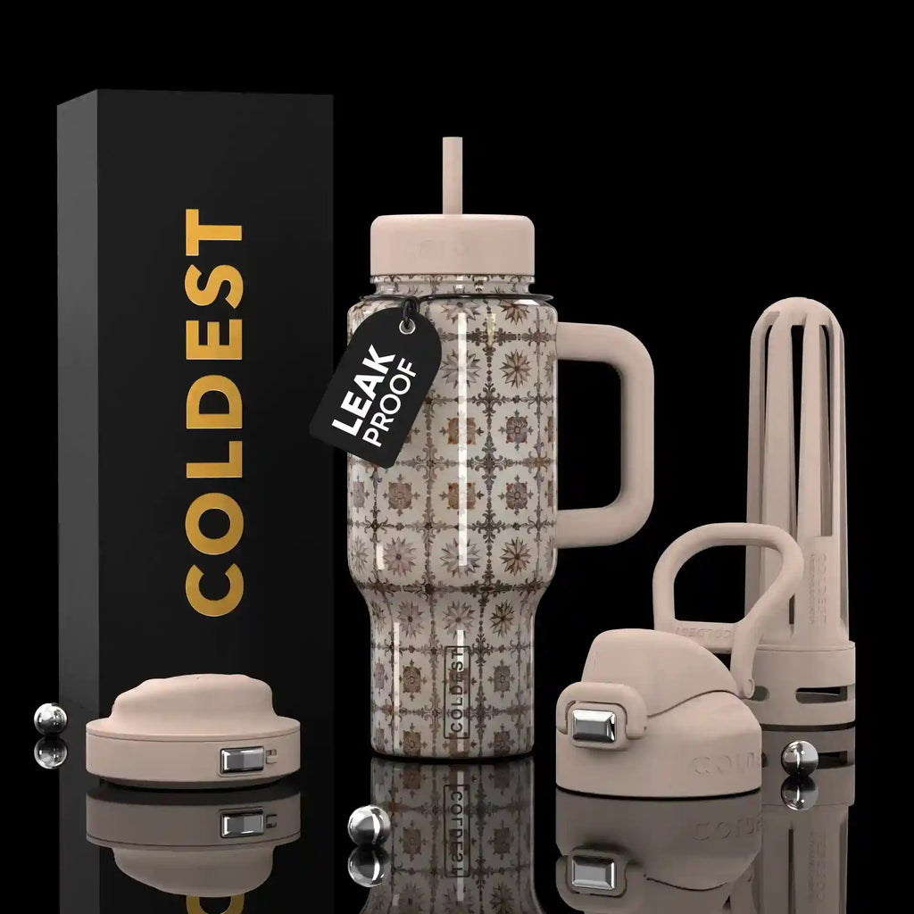 Light tan and white patterned 24oz insulated water bottle with straw lid and carry handle