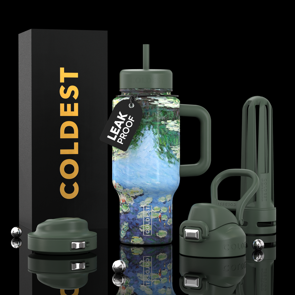 Limitless Ultra v8 bottle with handle, dark green watery pattern, straw lid, two-part travel cap