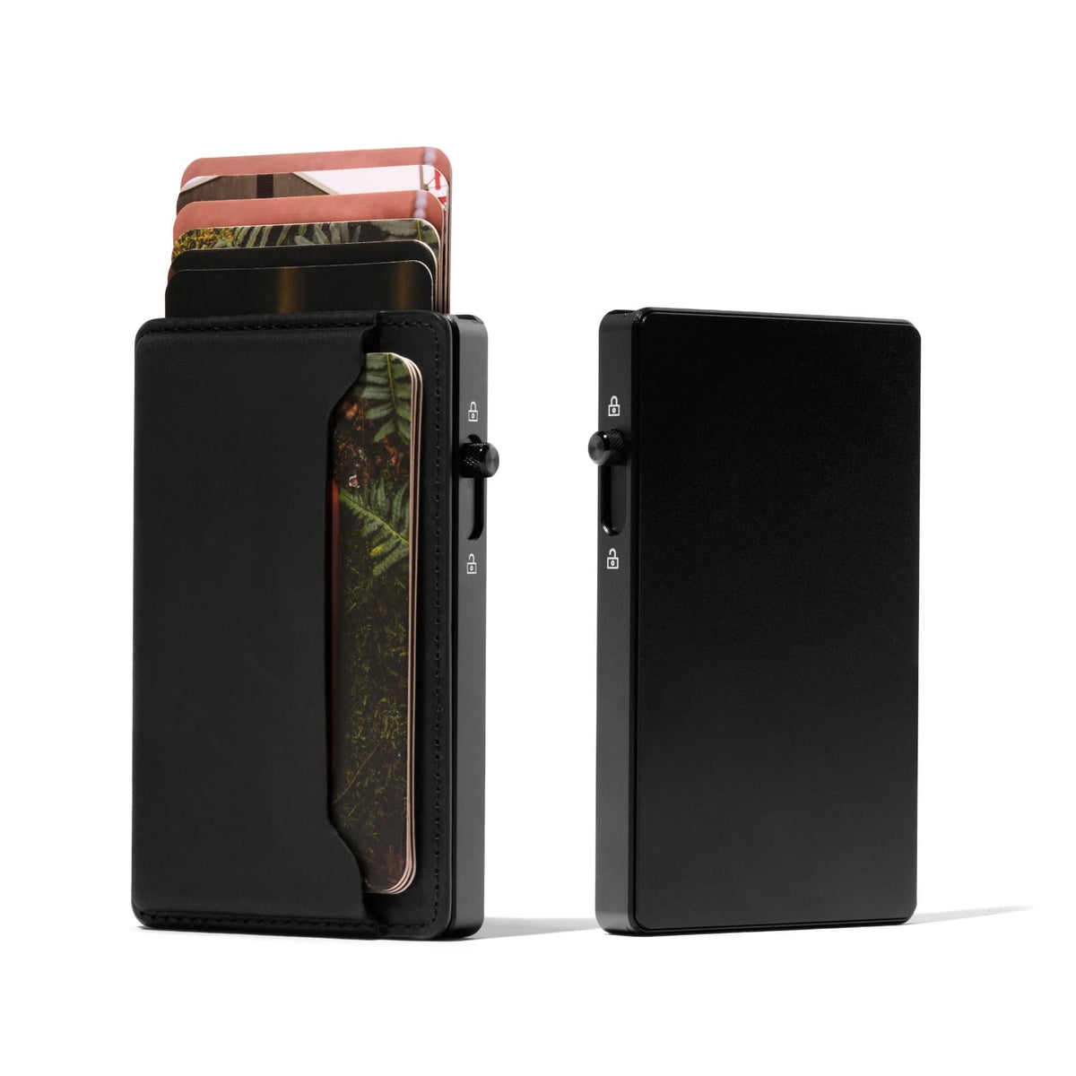 Black phone wallet with side card pocket and patterned insert, front and back