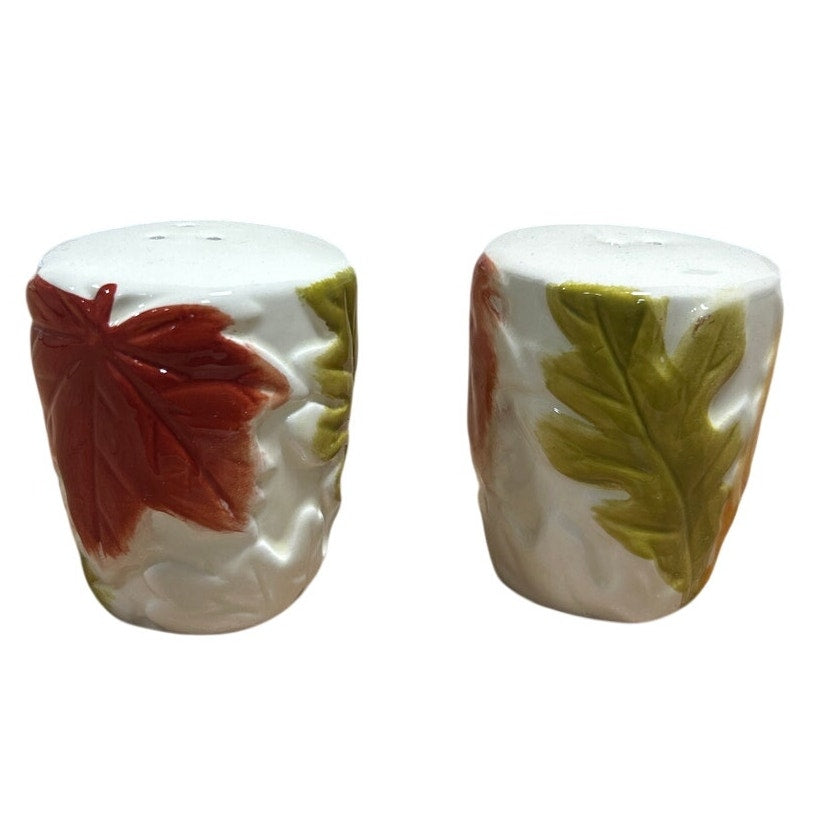 Ceramic salt and pepper shaker set, white with red and green leaf accents