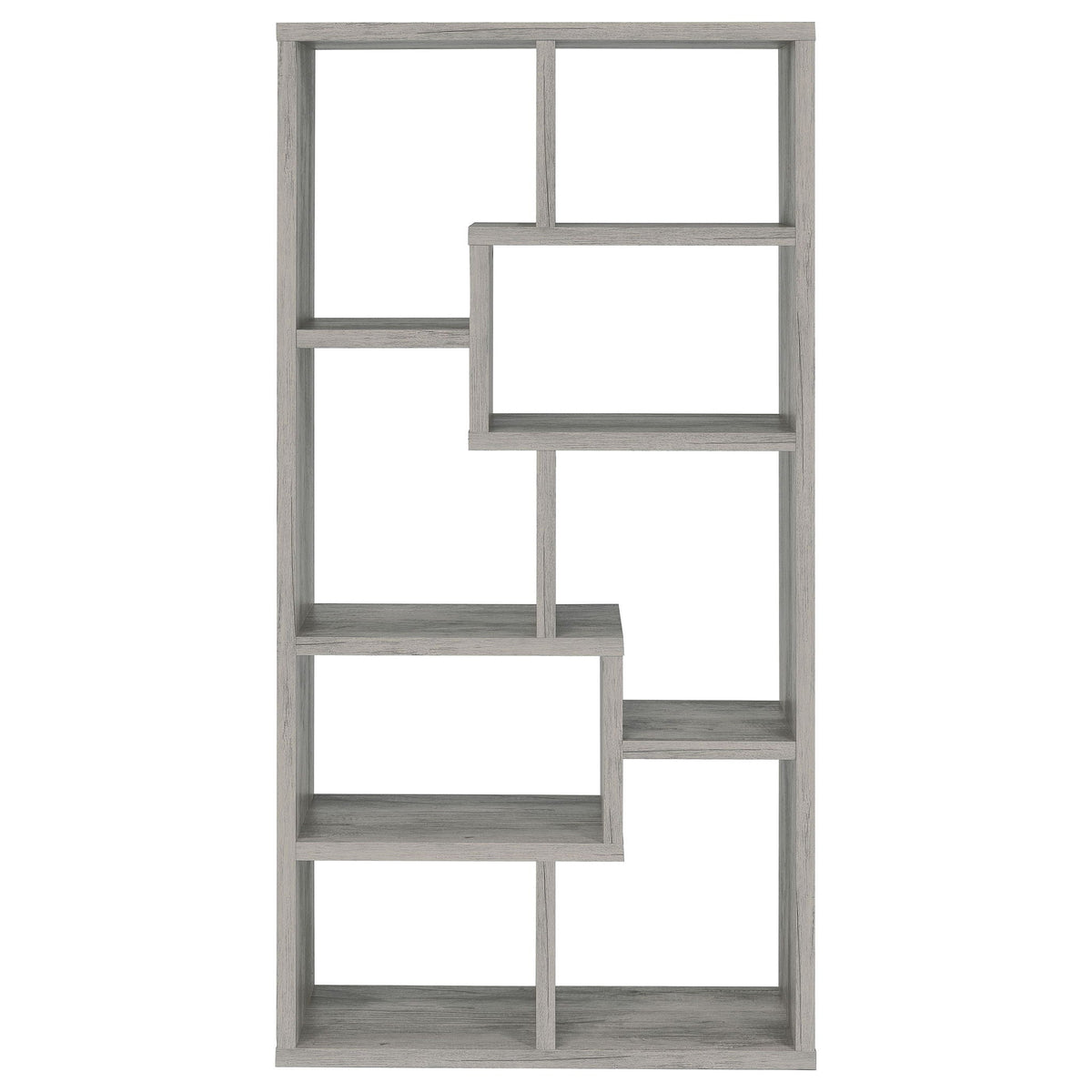 Grey driftwood 6-shelf bookcase with geometric staggered openings and square bays
