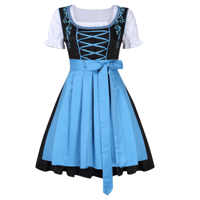 Blue and black corset-style Halloween dress with white puff sleeves and lace-up bodice