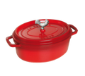 Red enameled oval cast-iron Dutch oven with lid, rooster knob, and two side handles